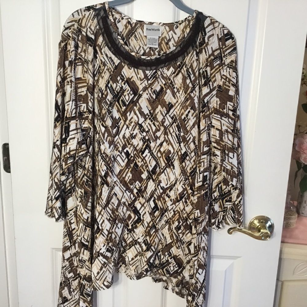 Bon Worth Women’s XLP 3/4 Length Sleeve Crinkled Top in Browns, White and Black